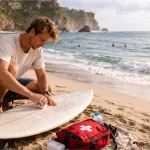 Surfer waxing board at Uluwatu beach; first aid kit beside the board.