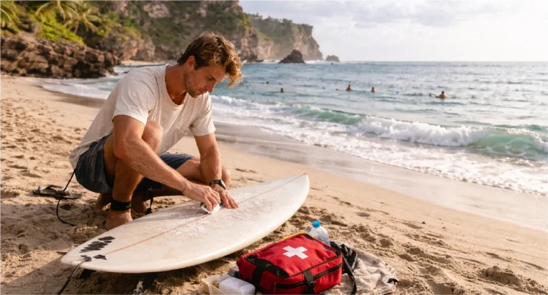 Surfer waxing board at Uluwatu beach; first aid kit beside the board.