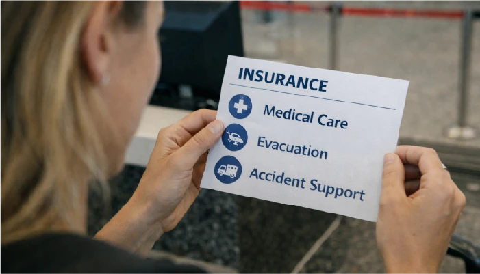 Traveler showing insurance coverage for Bali trip.